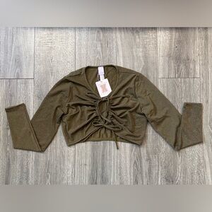 Rihanna Brand Savage X Fenty Olive Shimmer Ruched Tie-Front Crop Top Olive Green